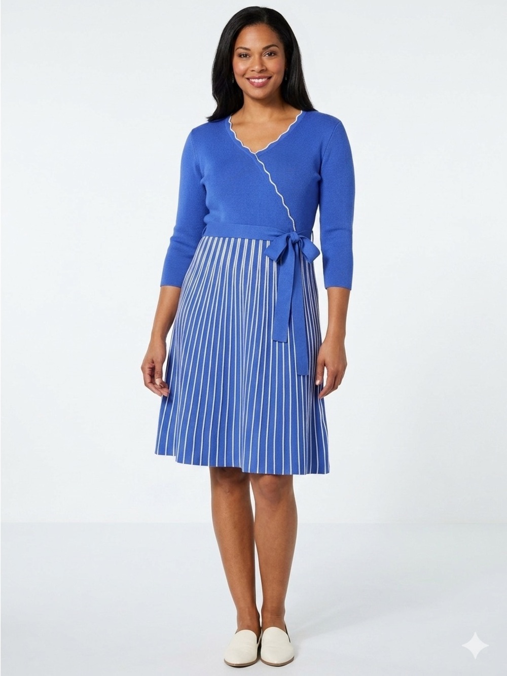 Nina Leonard XL Blue Knit Faux Wrap Striped Sweater Dress